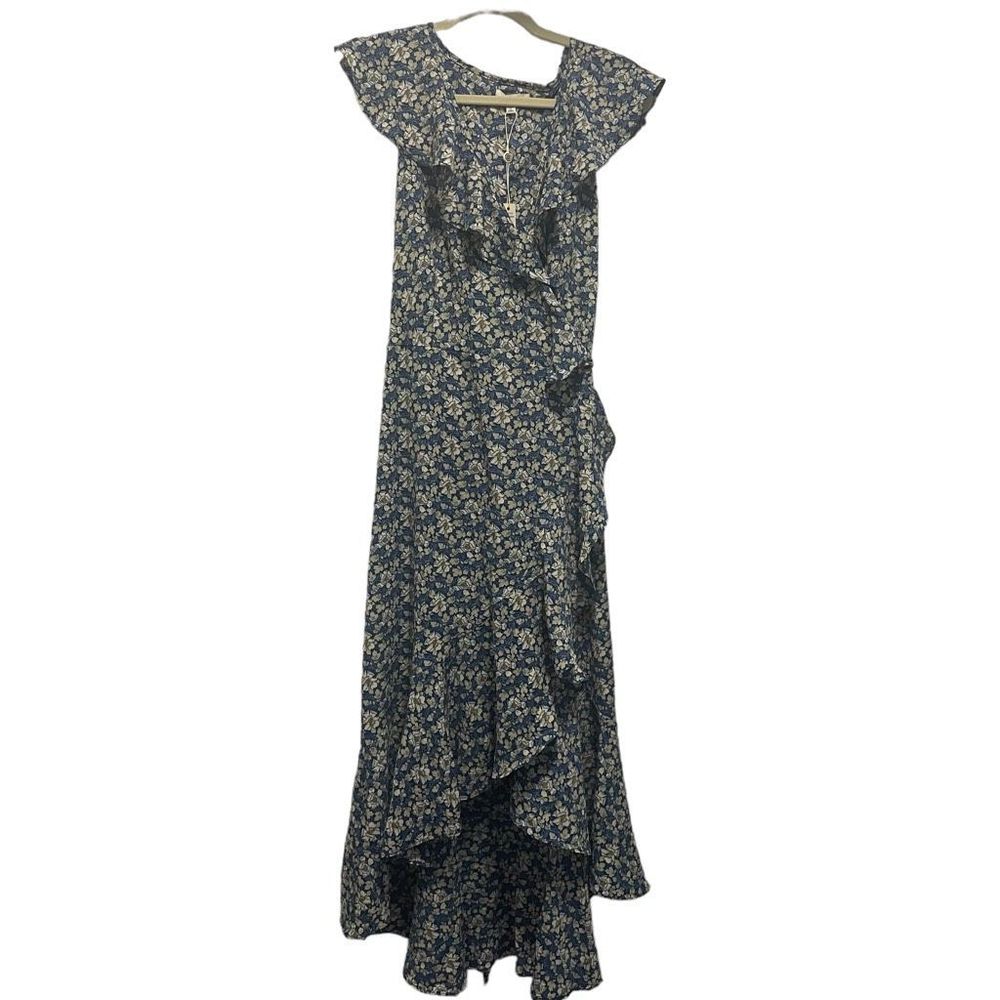 New Max Studio Blue Floral Sleeveless Wrap Dress Women’s Size Large Hi Low